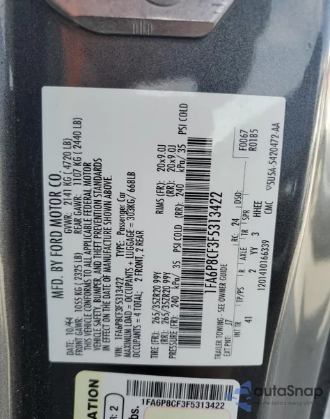 2015 Ford Mustang Gt из США, поврежденный, VIN 1FA6P8CF3F5313422